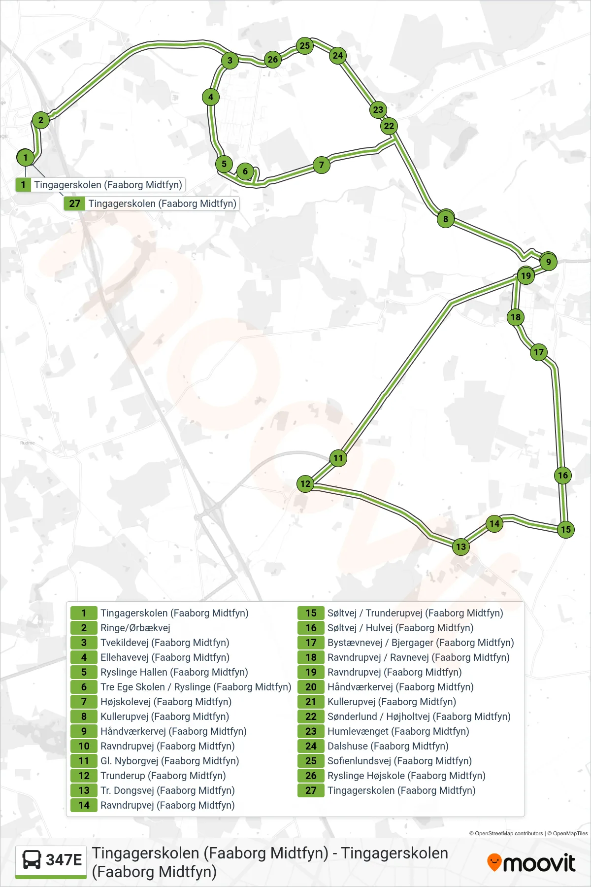 347E bus Linje (Ringe) rute og stop på et kort