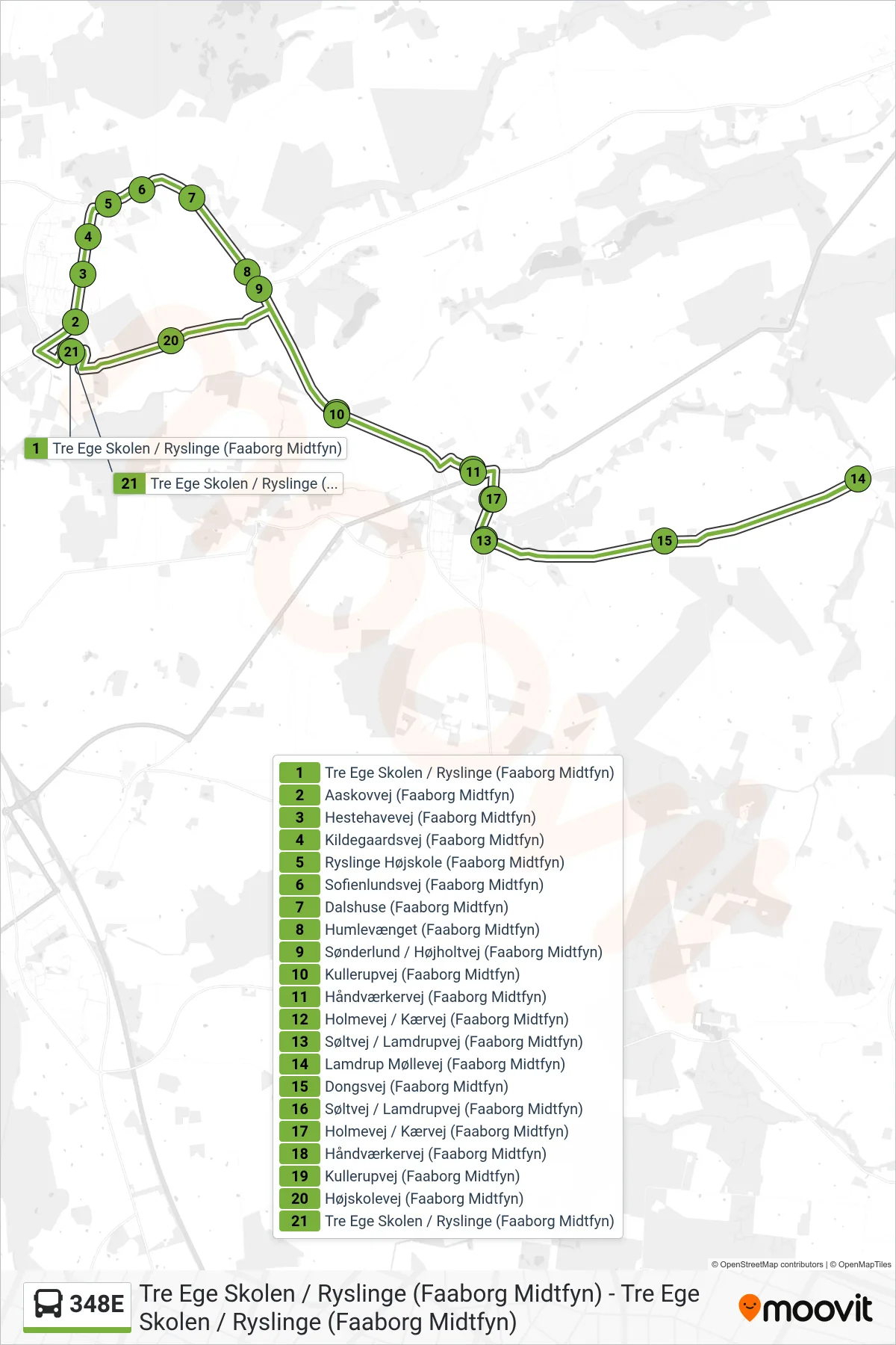 348E bus Linje (Ryslinge) rute og stop på et kort