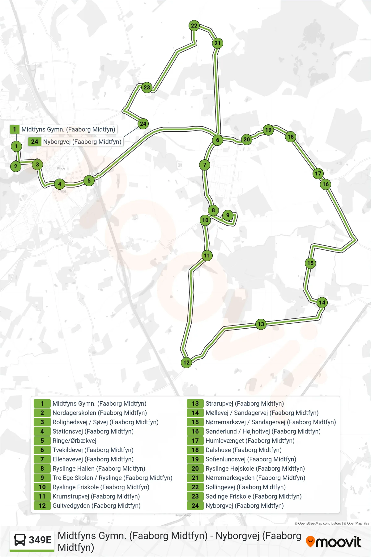 349E bus Linje (Ringe) rute og stop på et kort