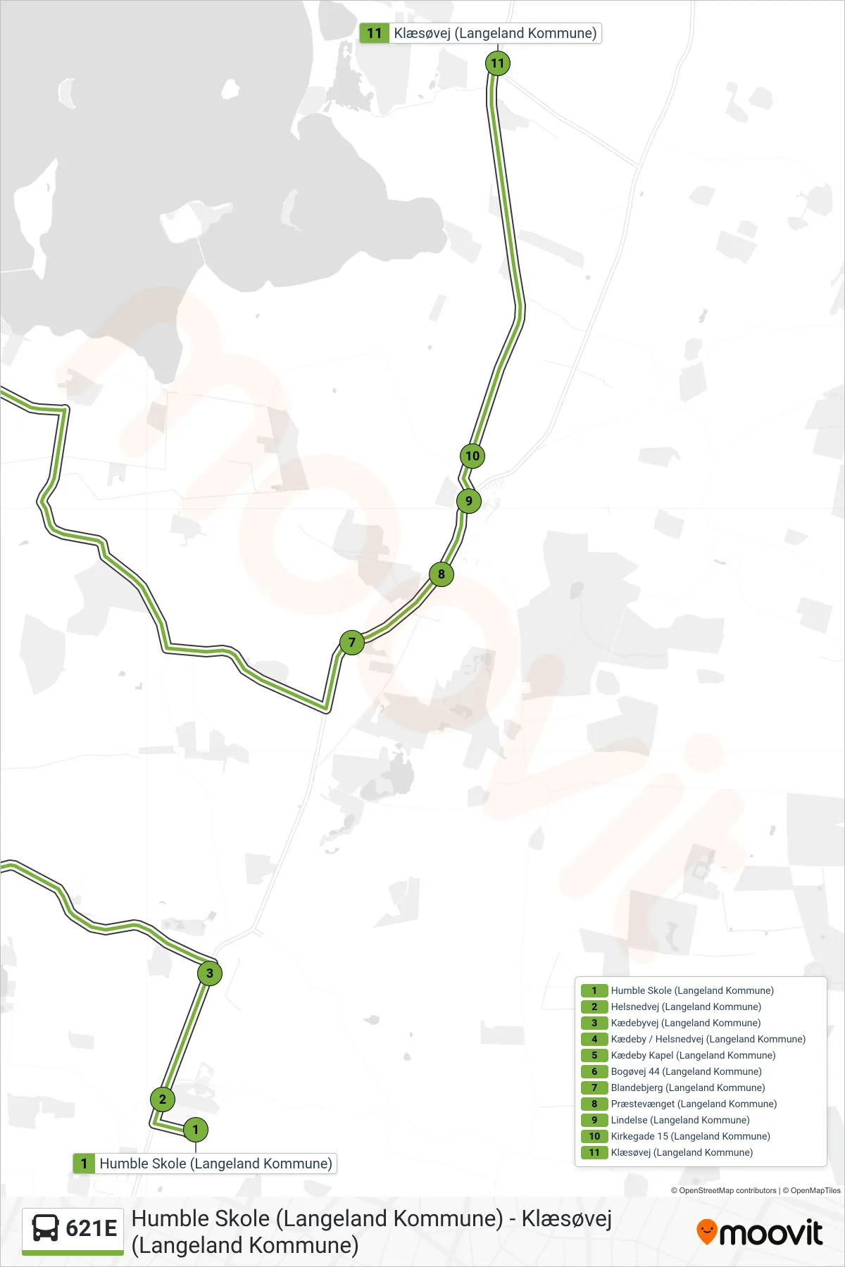 621E bus Linje (Rudkøbing) rute og stop på et kort