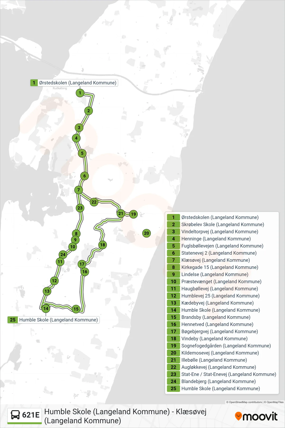 621E bus Linje (Humble) rute og stop på et kort