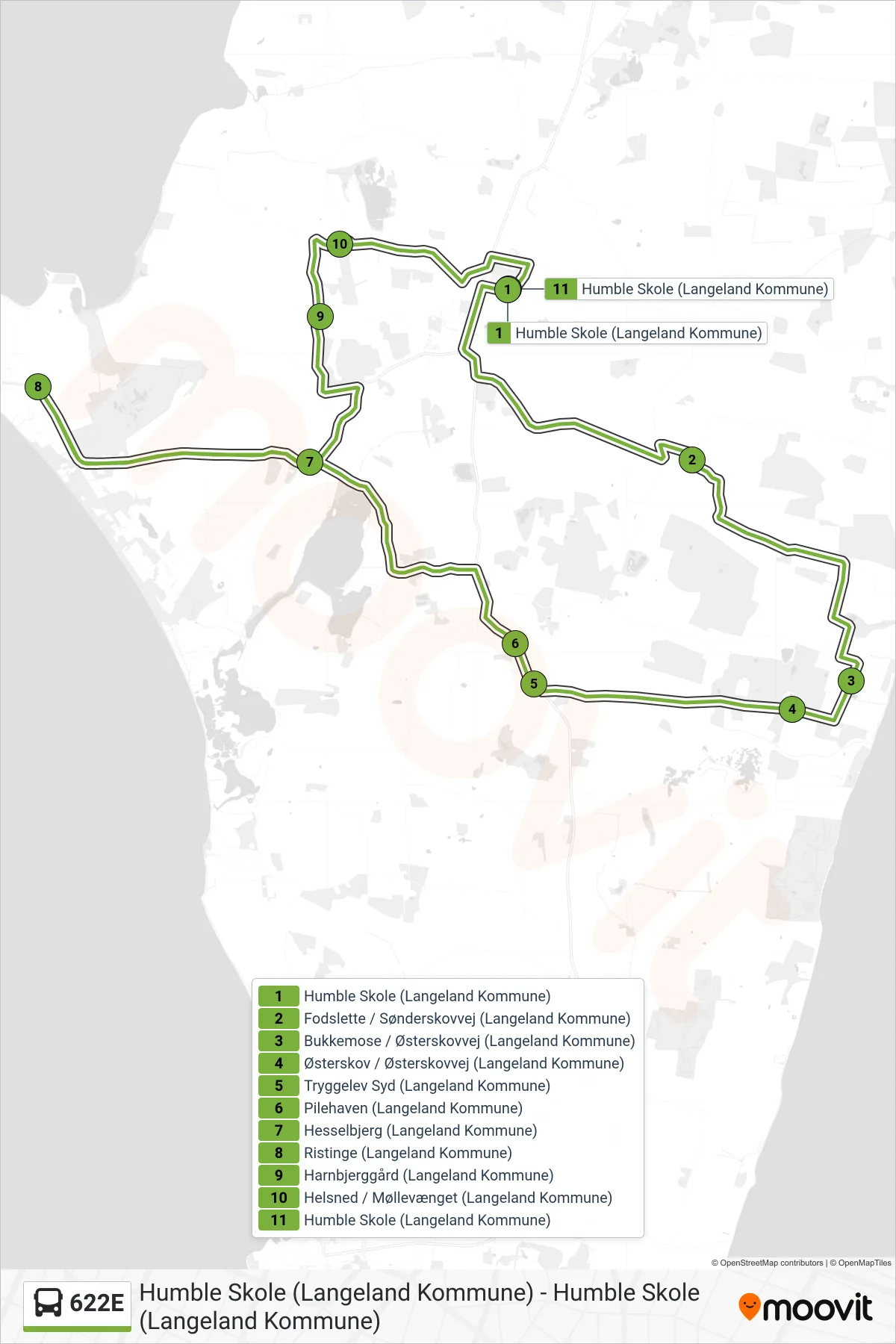 622E bus Linje (Humble) rute og stop på et kort