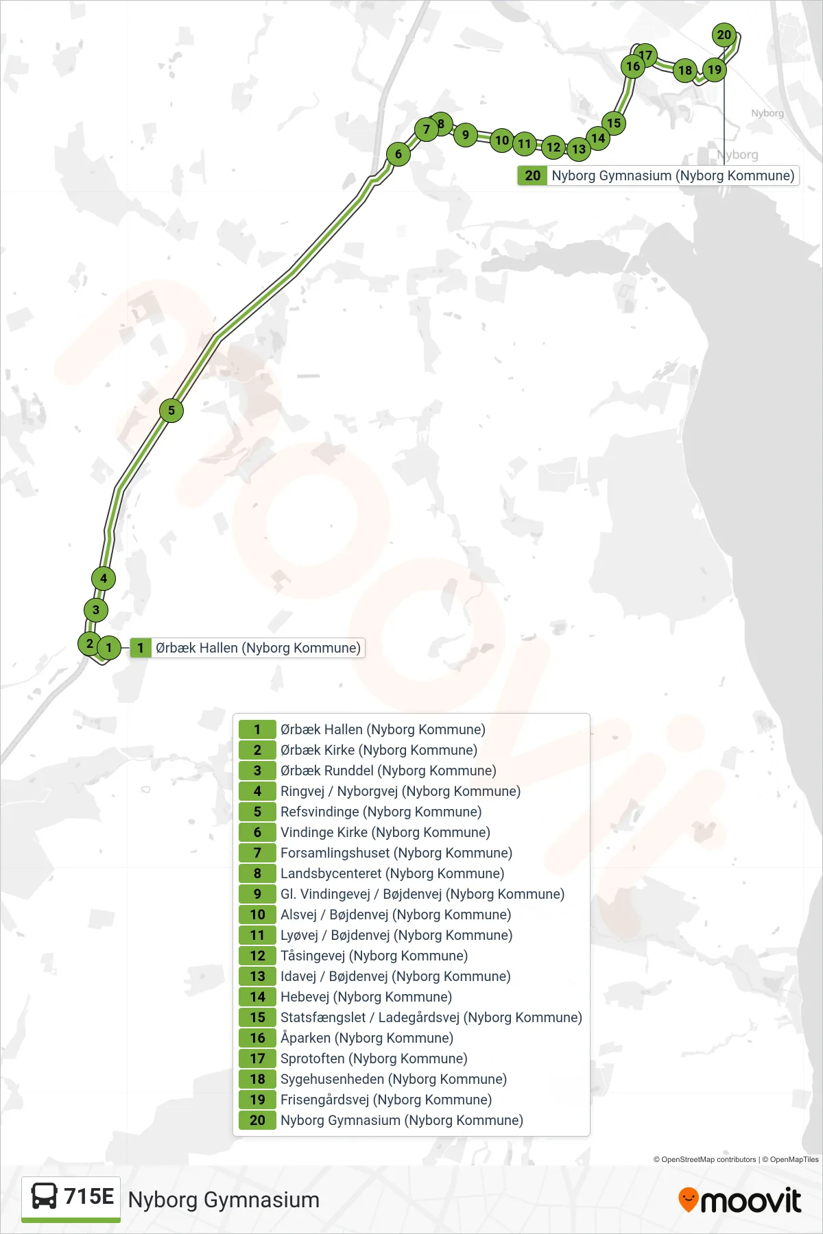 715E bus Linje (Nyborg Gymnasium) rute og stop på et kort