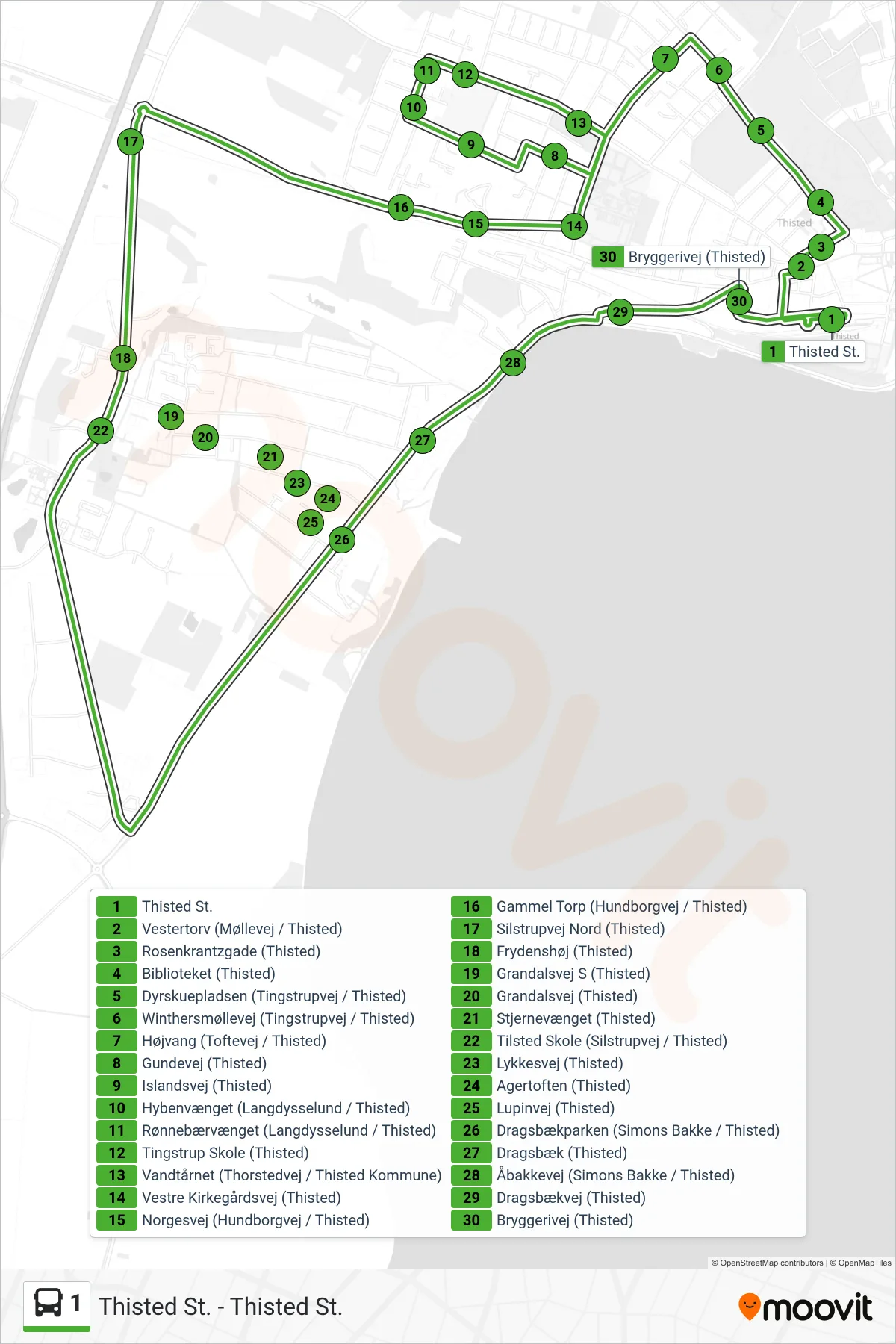 1 bus Linje (Thisted St.) rute og stop på et kort