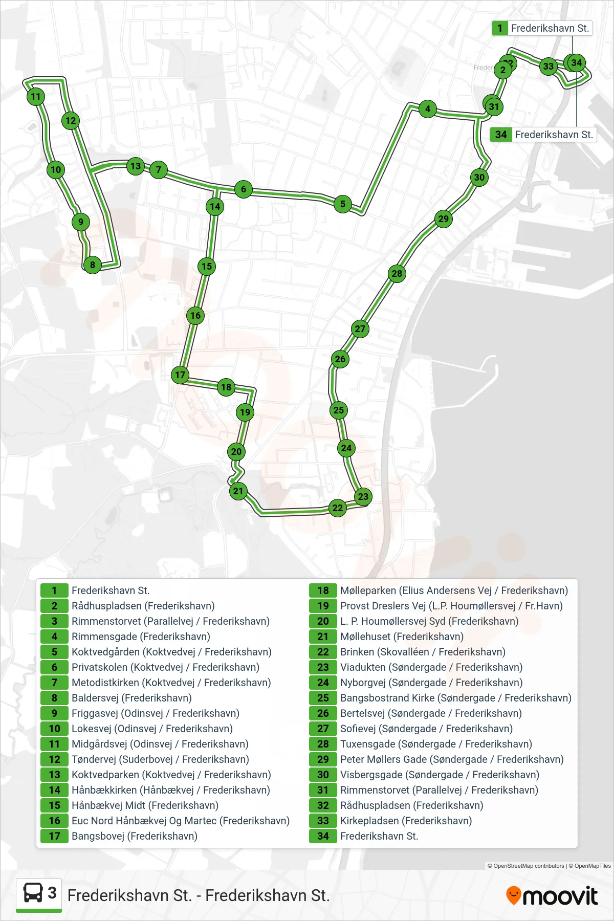 3 bus Linje (Frederikshavn St.) rute og stop på et kort
