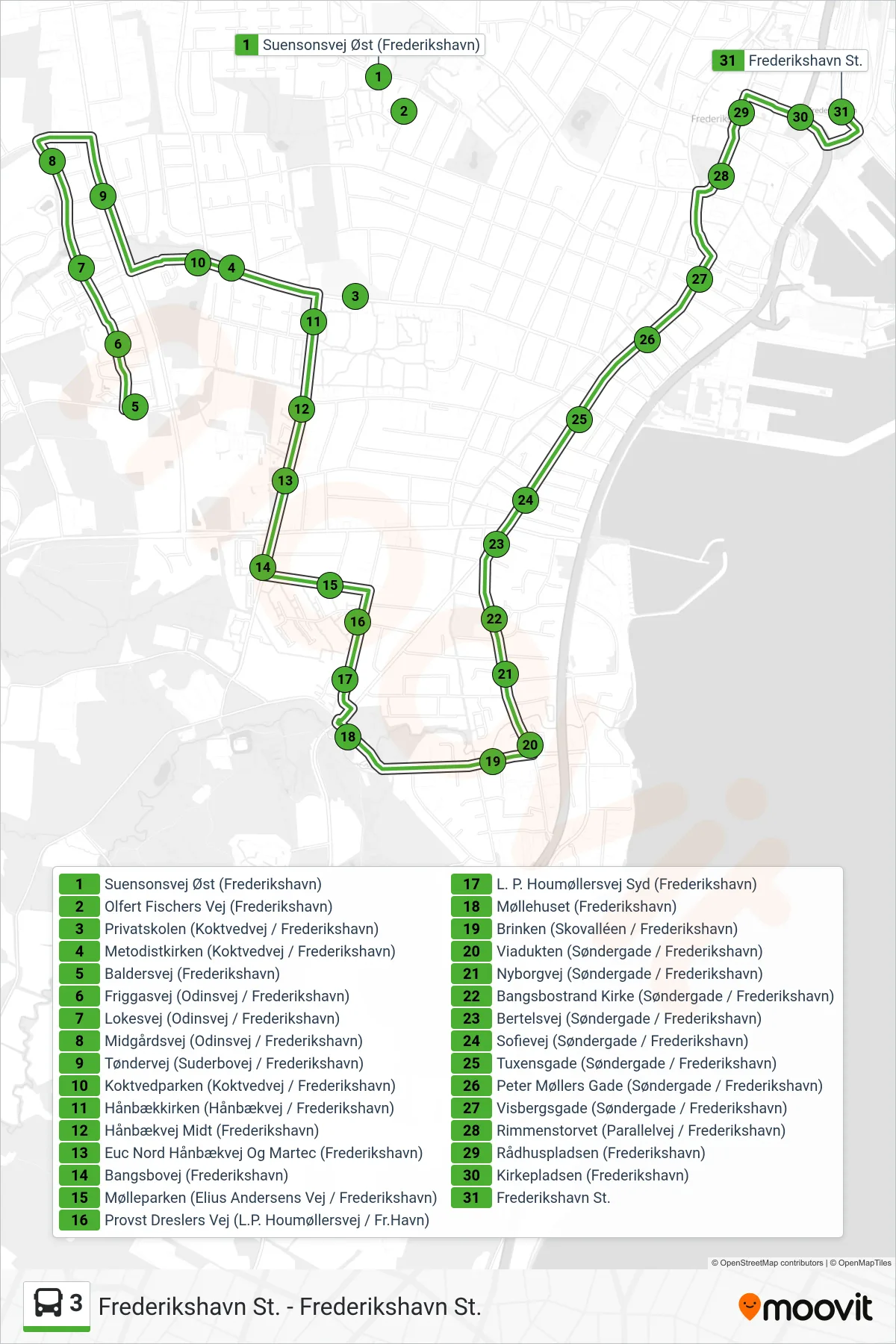 3 bus Linje (Møllehuset Via Gudekvarteret) rute og stop på et kort