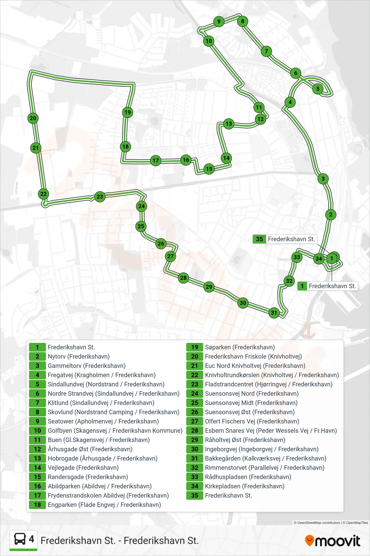 4 bus Linje (Frederikshavn St.) rute og stop på et kort