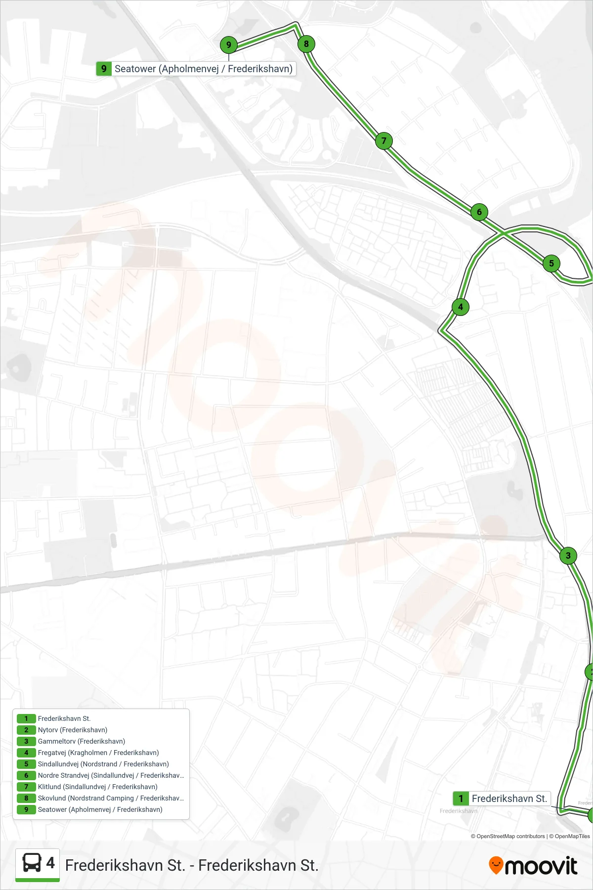 4 bus Linje (Seatower (Apholmenvej / Frederikshavn)) rute og stop på et kort