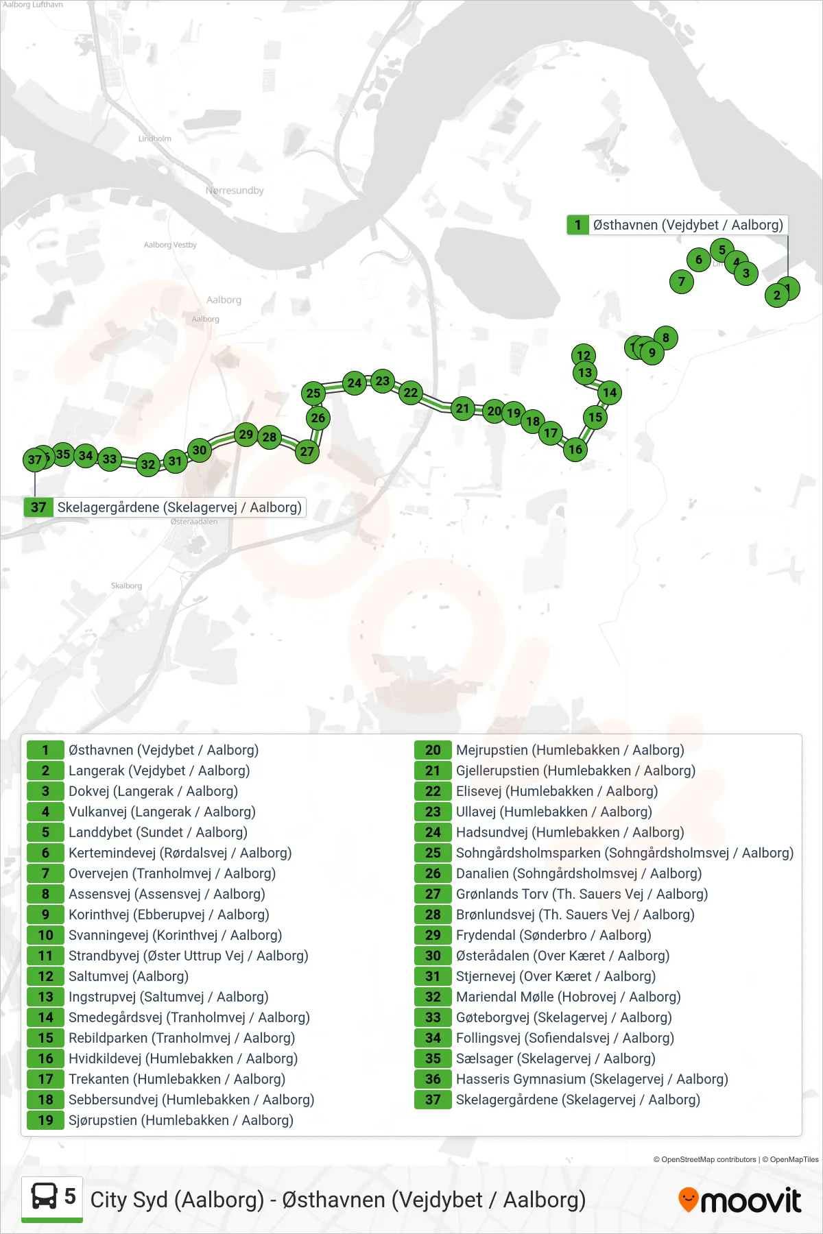 5 bus Linje (Skelagervej) rute og stop på et kort