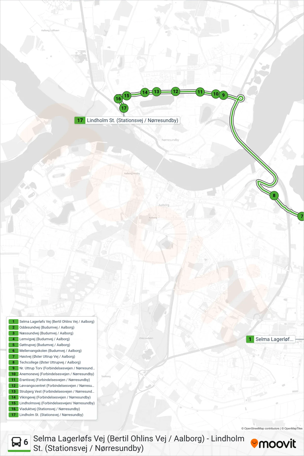 6 bus Linje (Lindholm St.) rute og stop på et kort