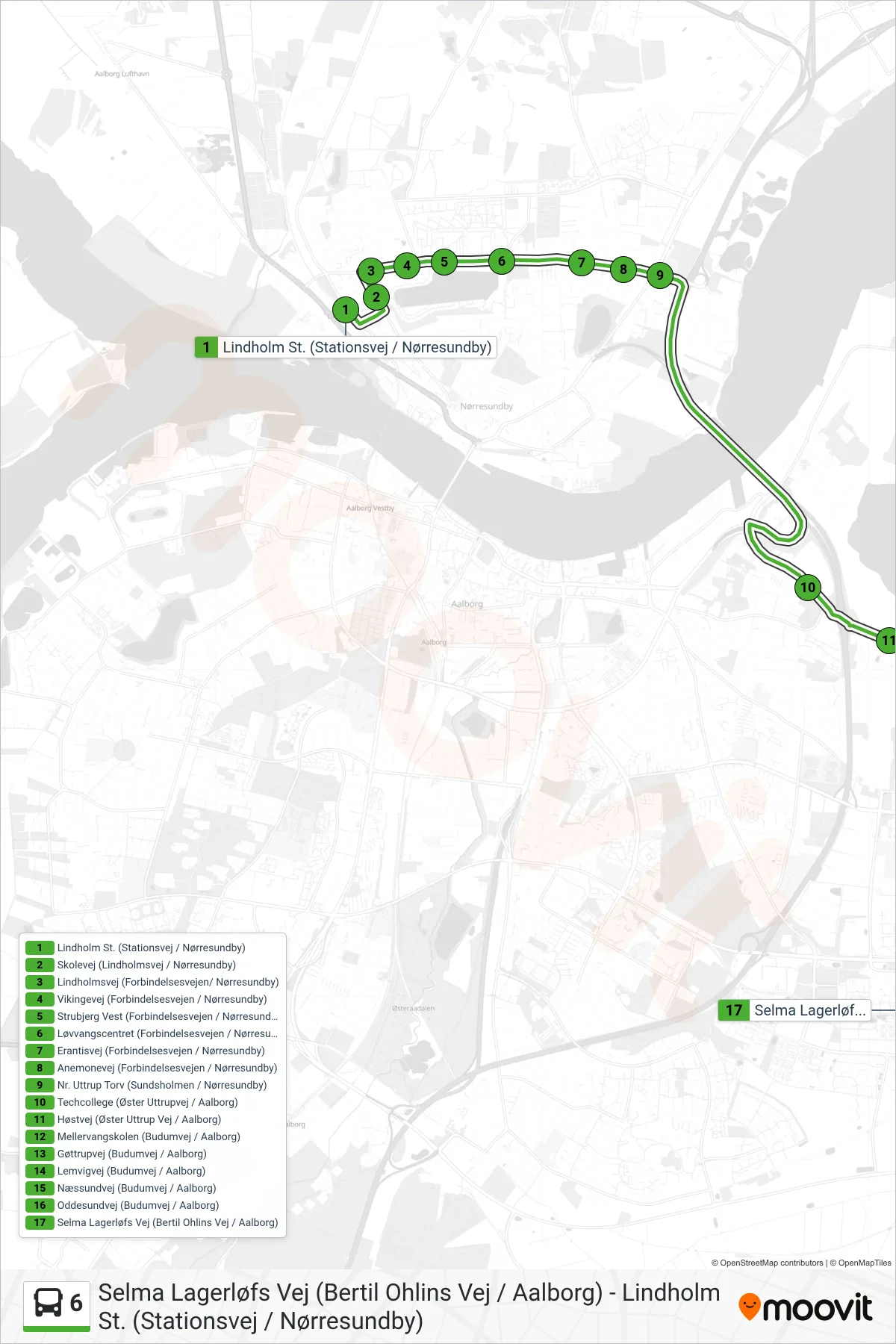 6 bus Linje (Universitetet) rute og stop på et kort