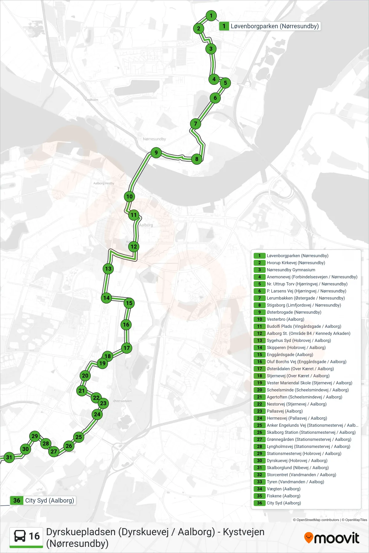 16 bus Line (City Syd) route and stops on a map
