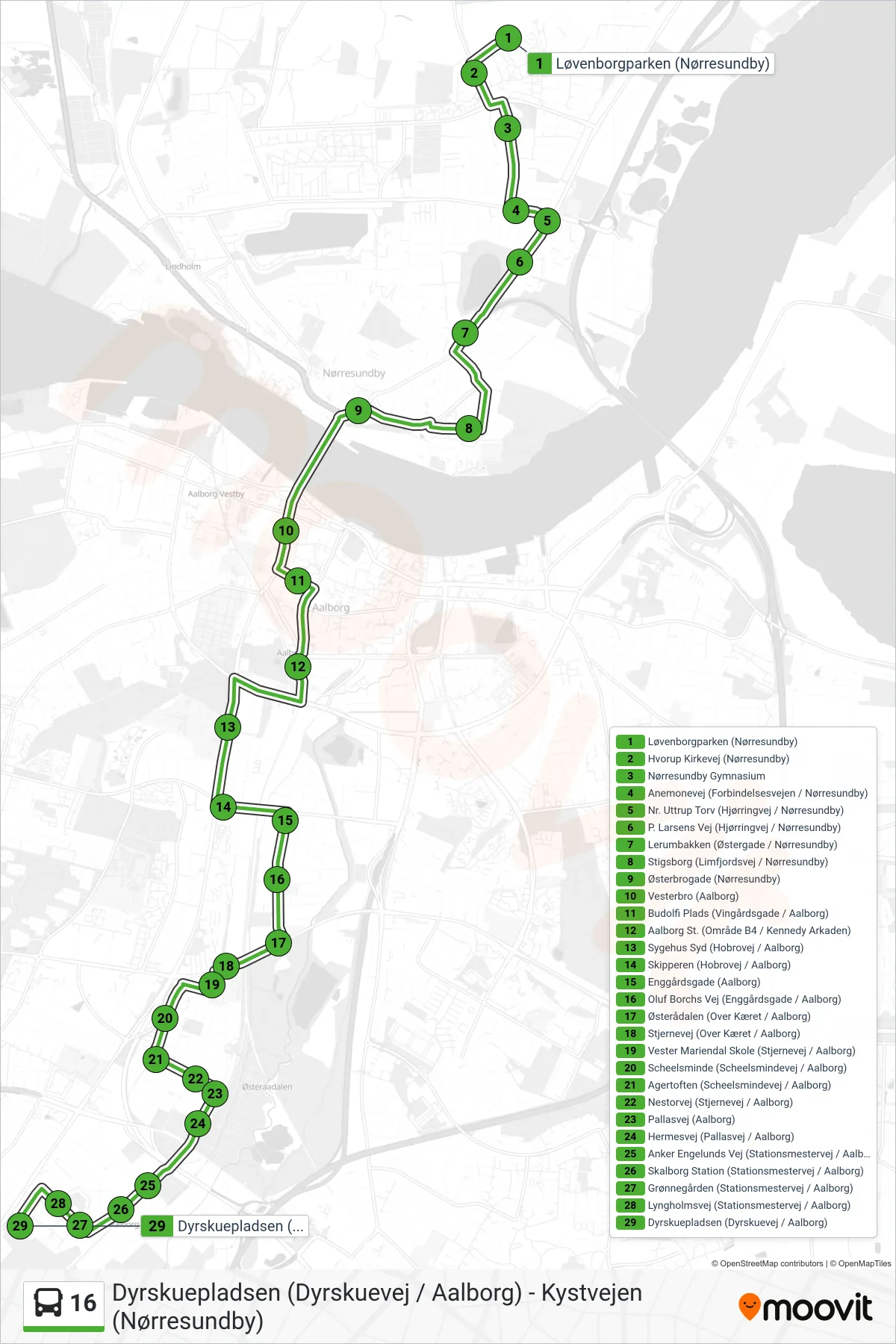 16 bus Linje (Skalborg) rute og stop på et kort