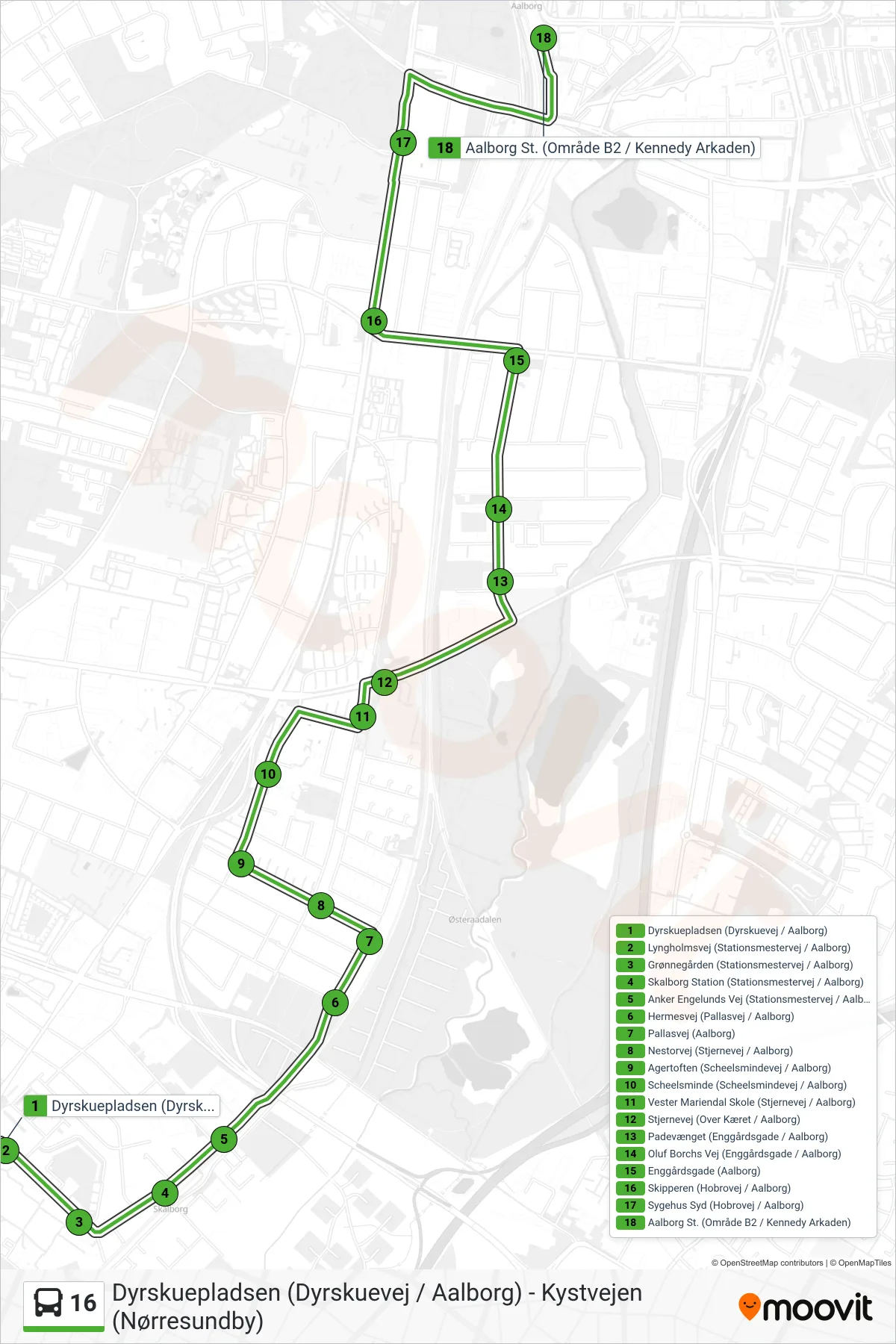 16 bus Linje (Aalborg St.) rute og stop på et kort