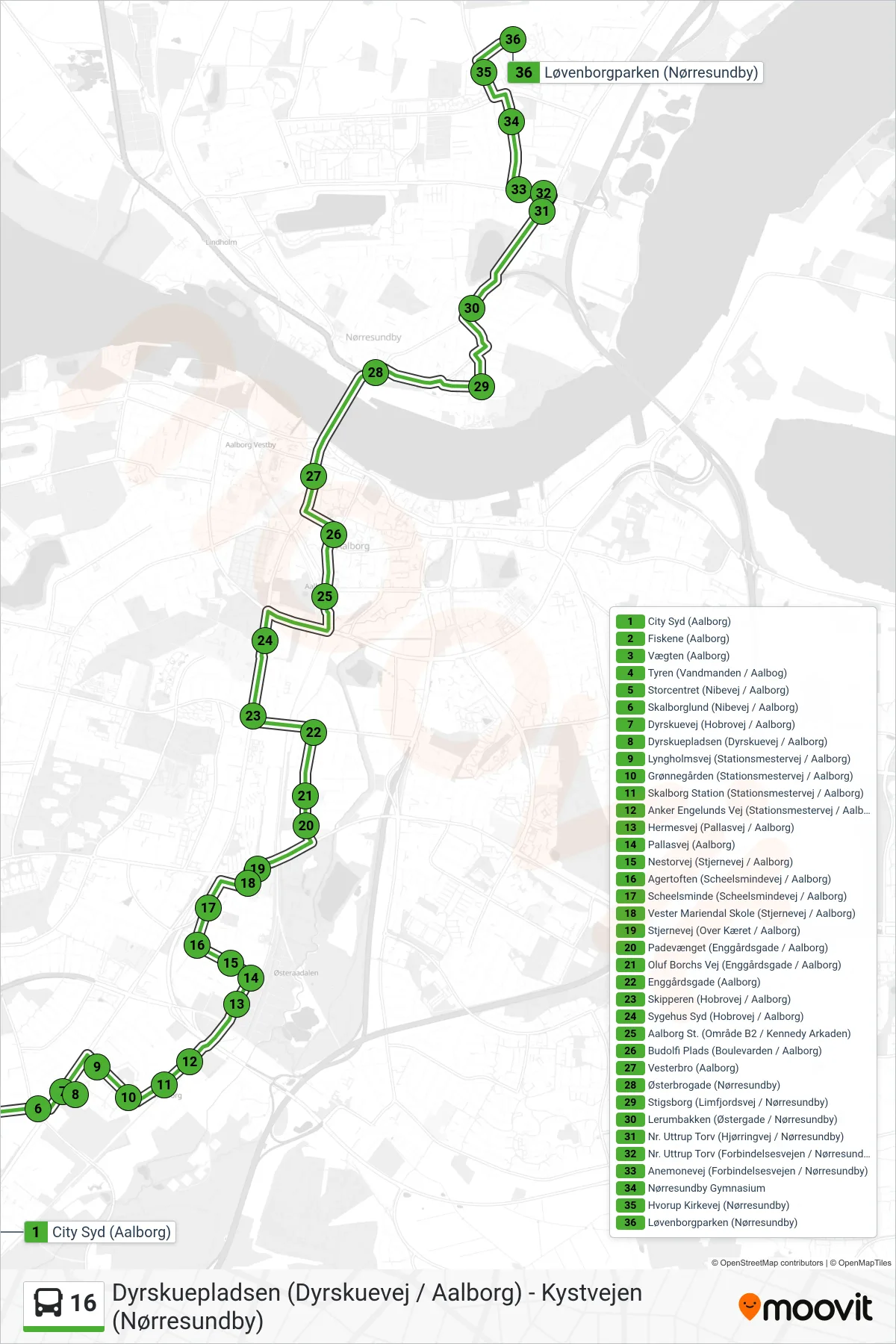 16 bus Linje (Uttrup Nord) rute og stop på et kort
