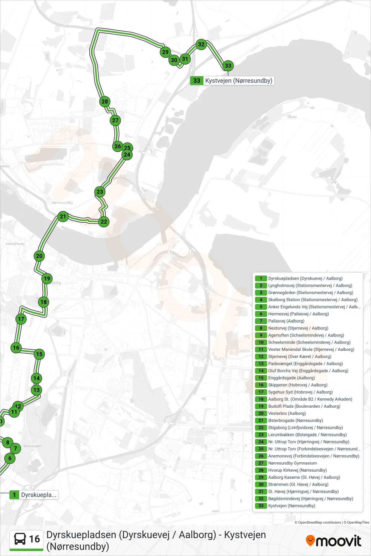 16 bus Linje (Kystvejen) rute og stop på et kort