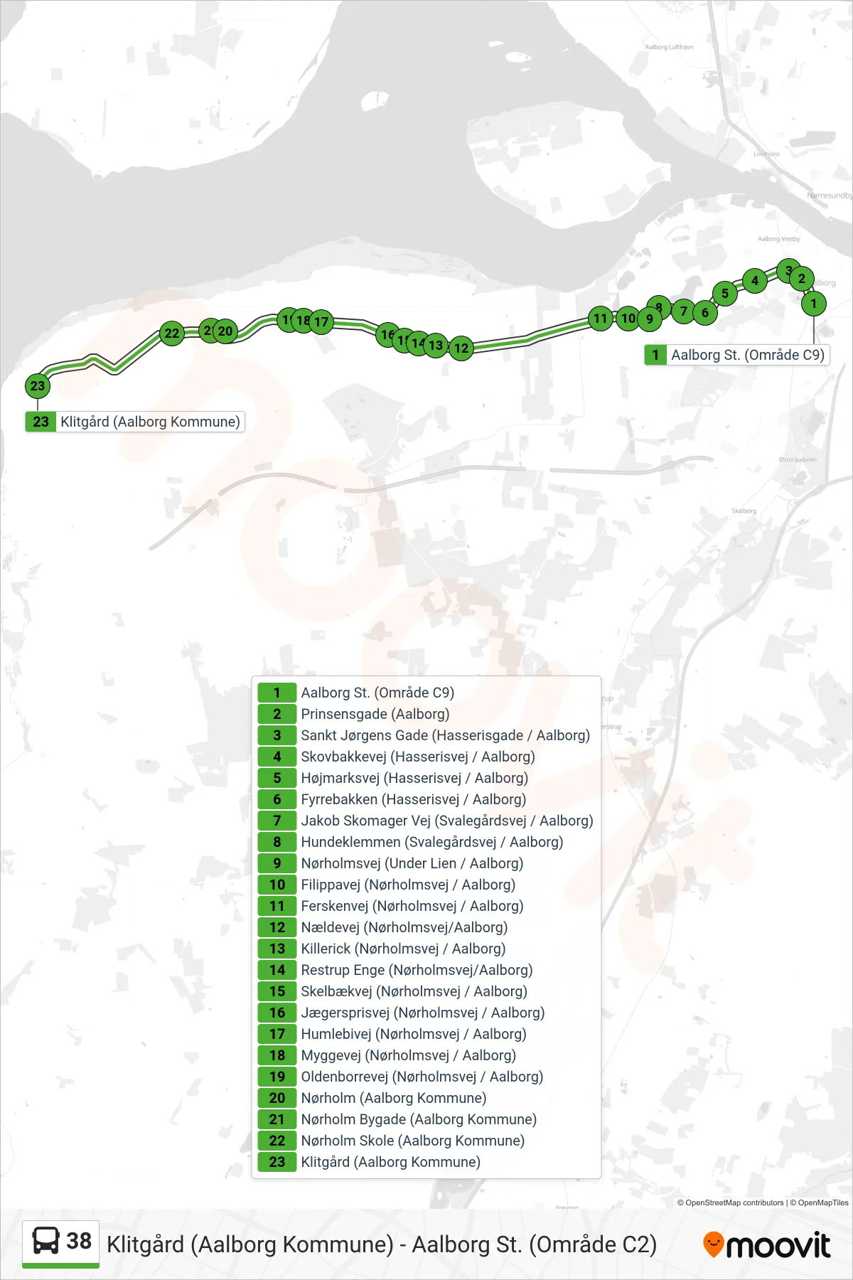 38 bus Line (Klitgård) route and stops on a map