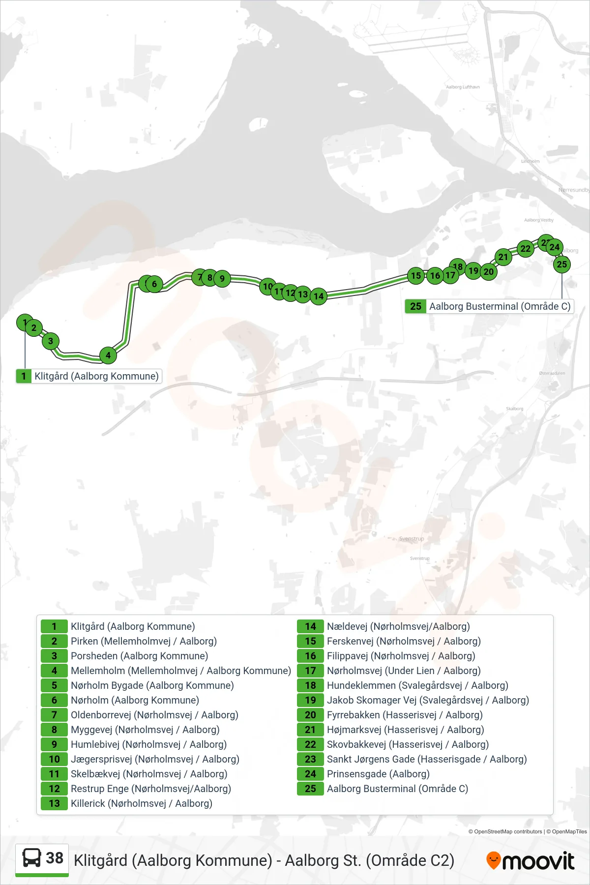 38 bus Linje (Aalborg St.) rute og stop på et kort