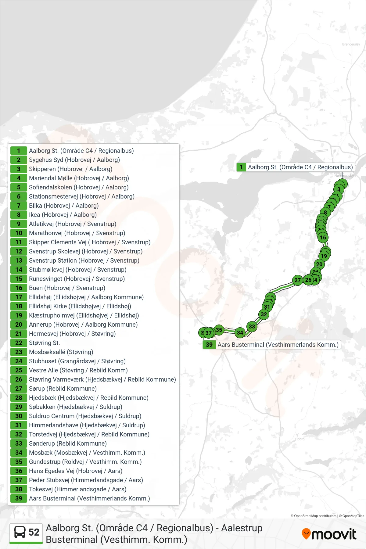 52 bus Linje (Aars) rute og stop på et kort