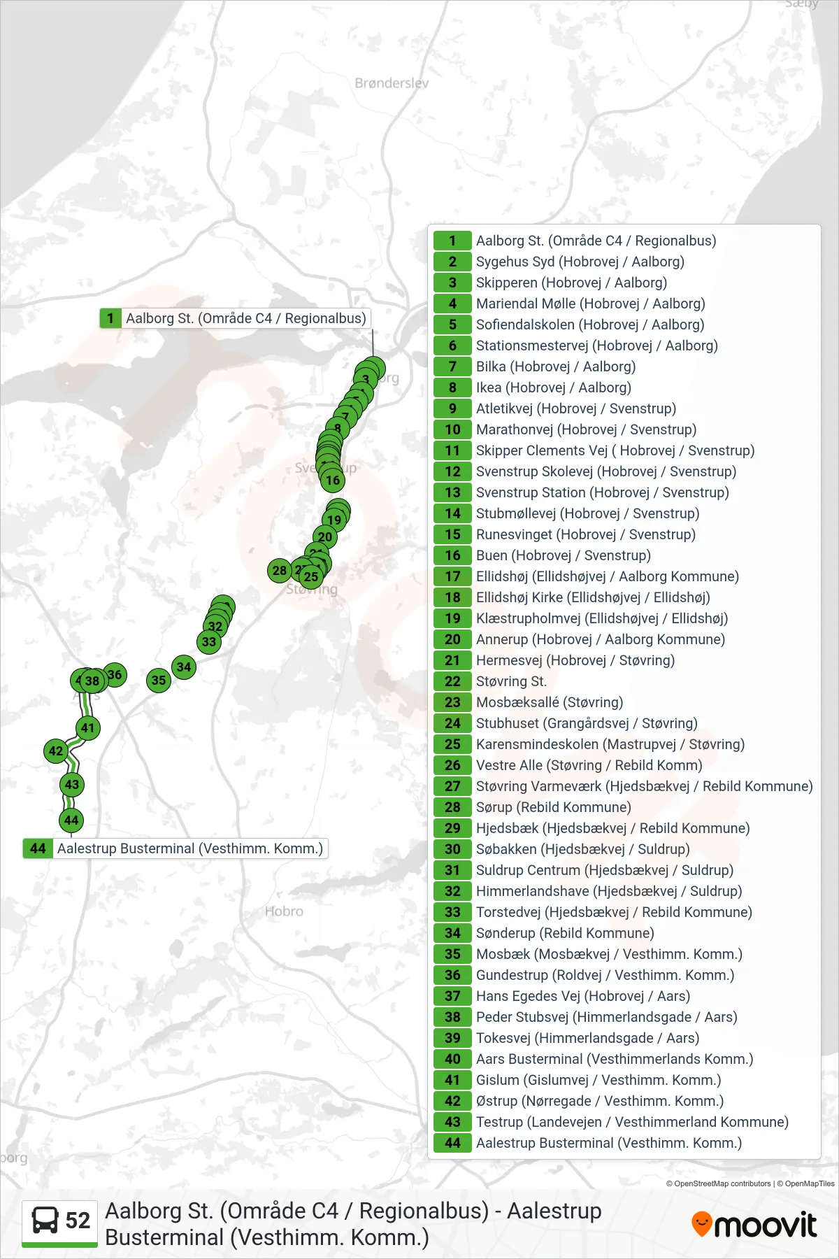 52 bus Linje (Aalestrup) rute og stop på et kort