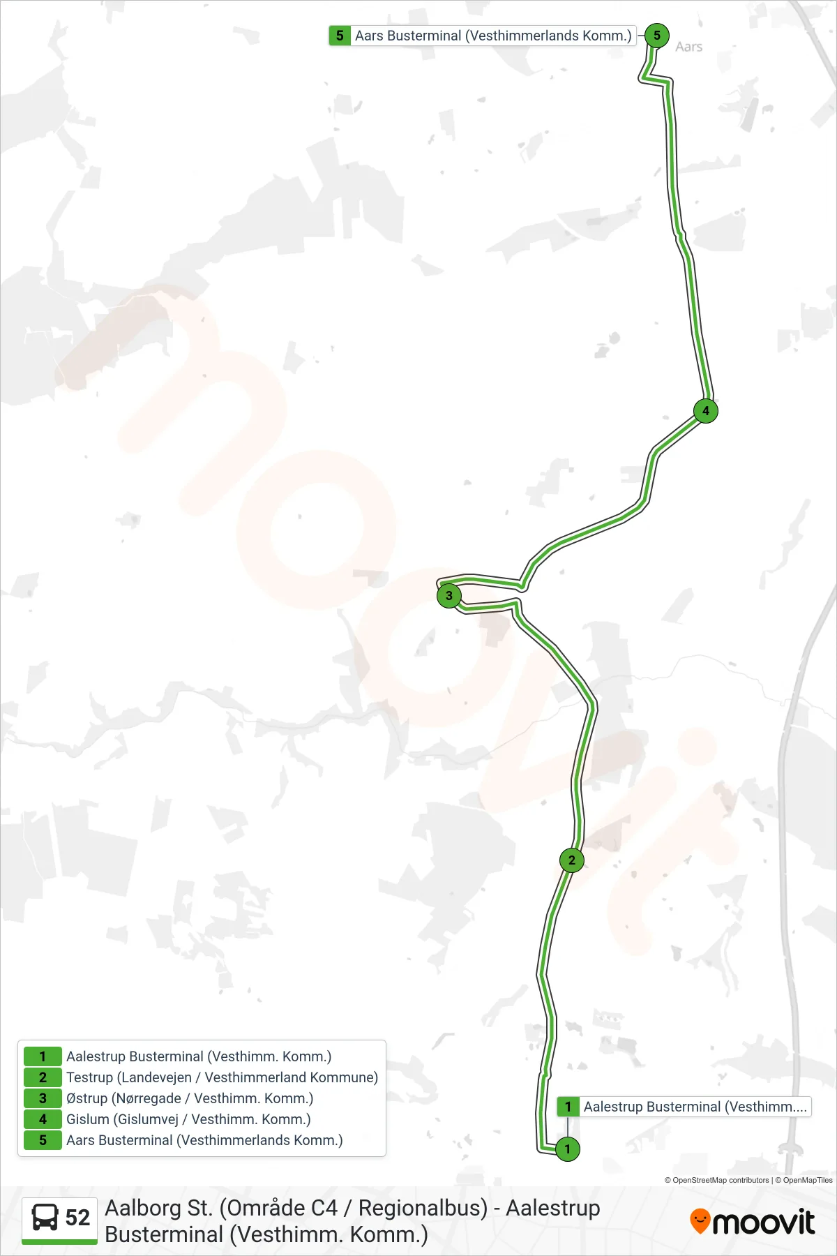 52 bus Linje (Aars) rute og stop på et kort