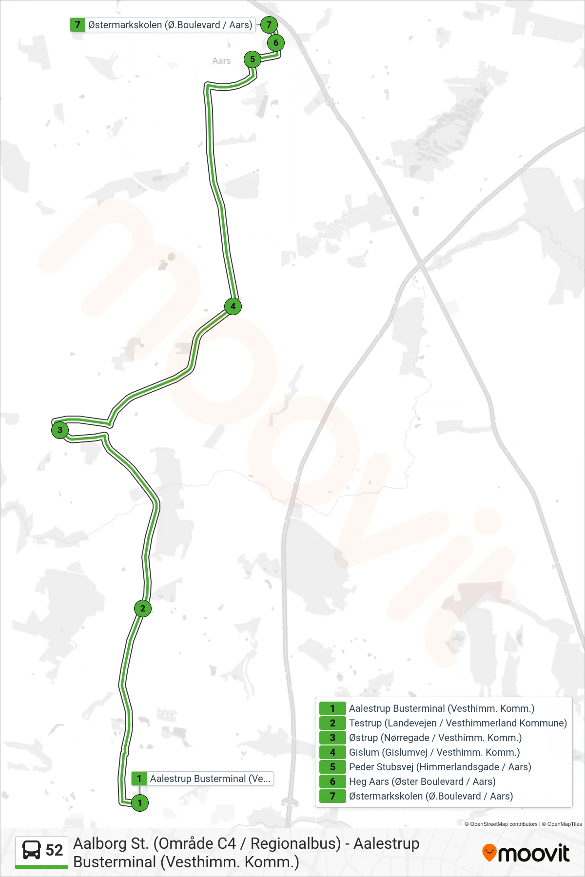 52 bus Linje (Heg Aars) rute og stop på et kort