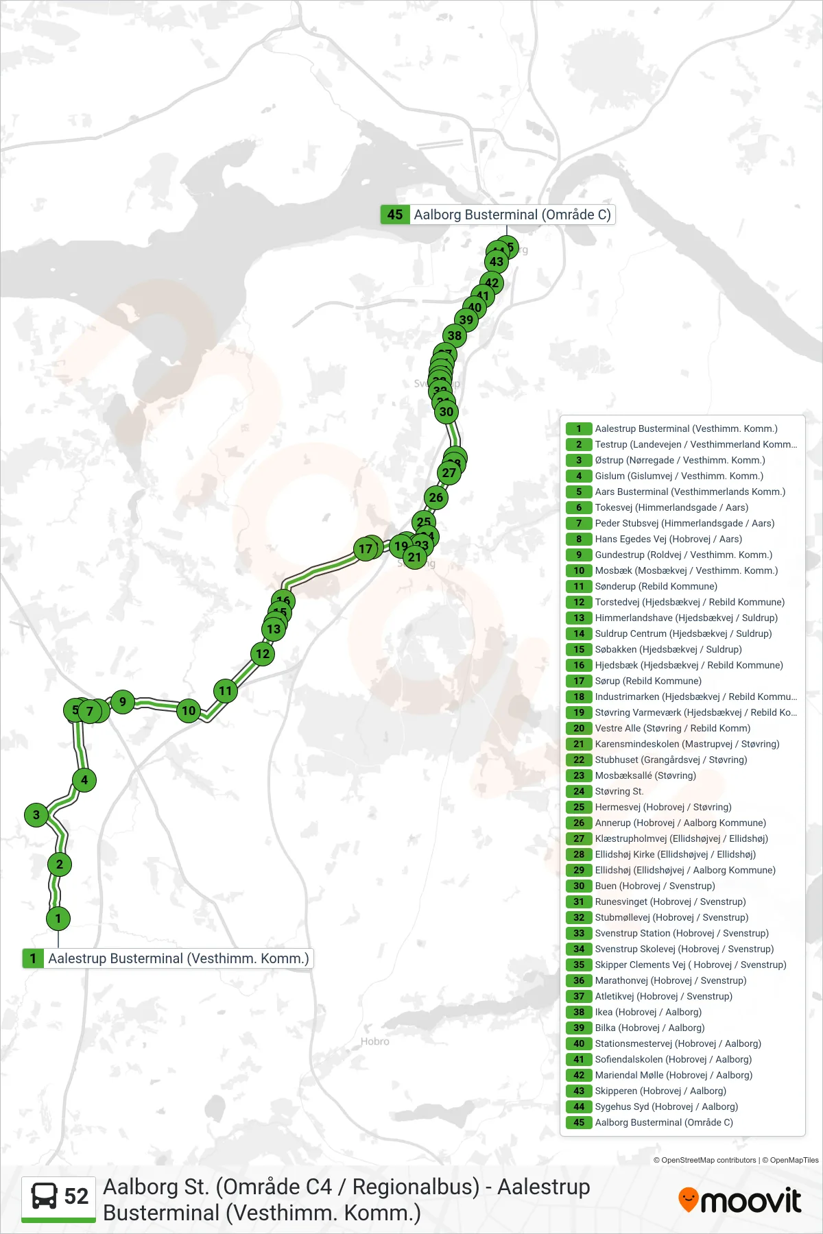 52 bus Linje (Aalborg St.) rute og stop på et kort