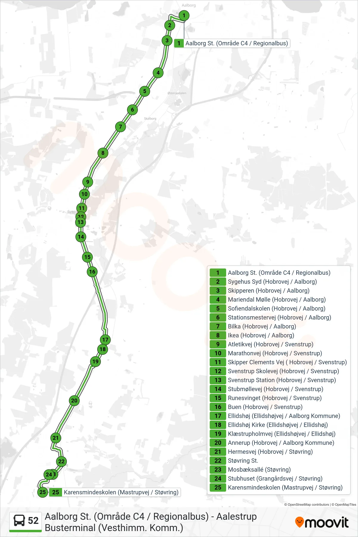 52 bus Linje (Støvring Gymnasium) rute og stop på et kort
