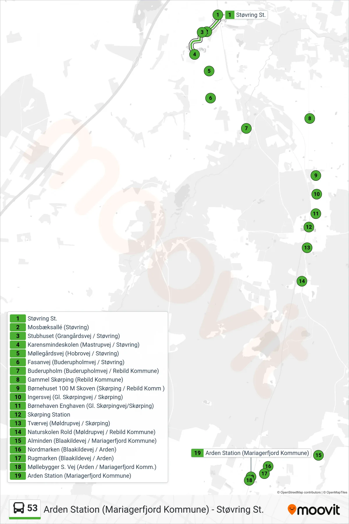 53 bus Linje (Arden) rute og stop på et kort