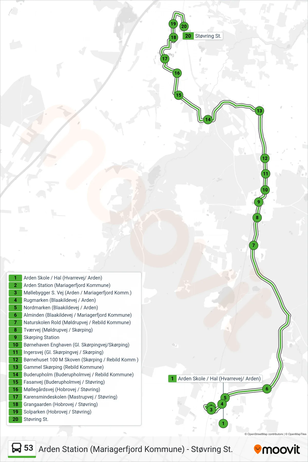 53 bus Line (Støvring) route and stops on a map