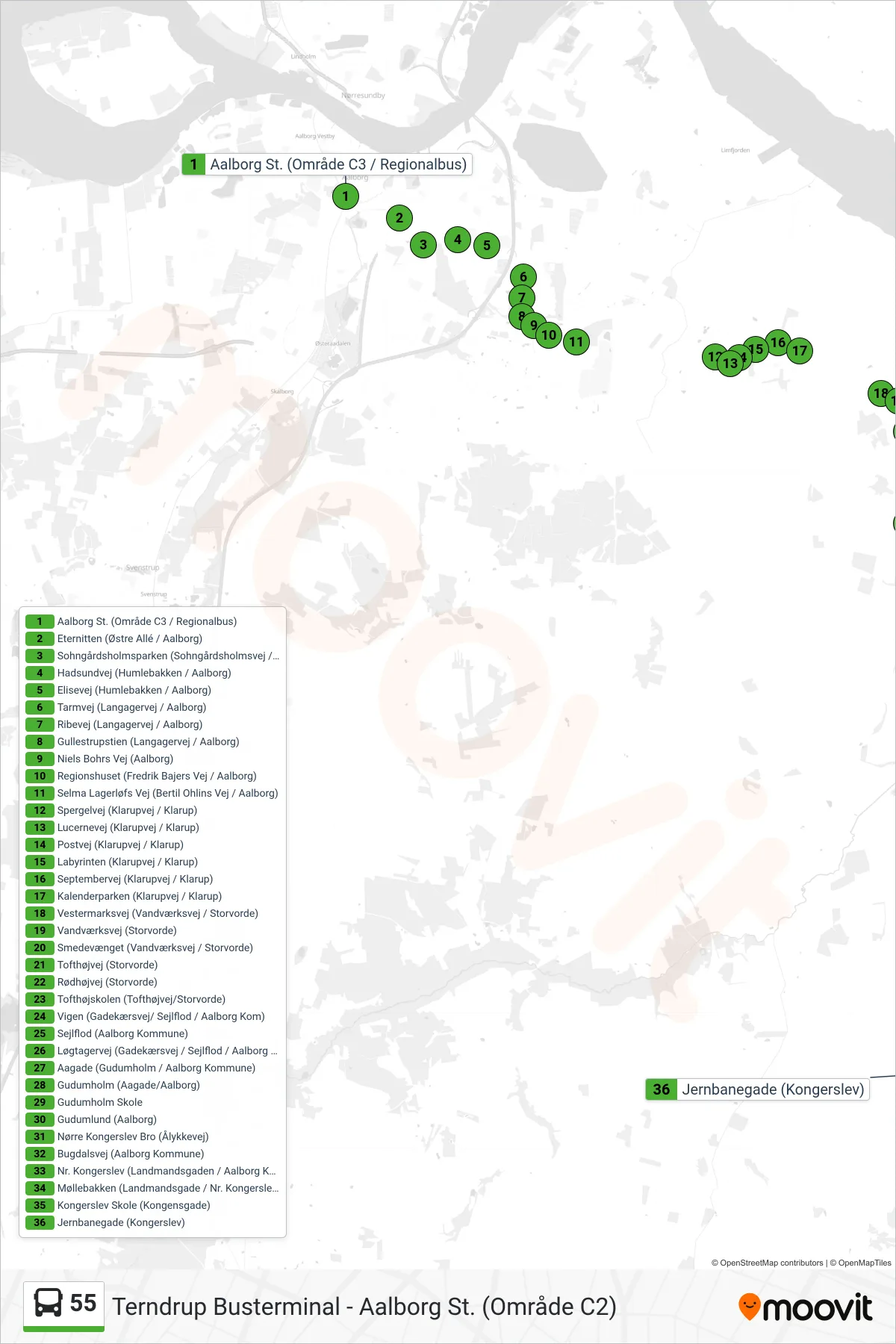 55 bus Linje (Kongerslev) rute og stop på et kort
