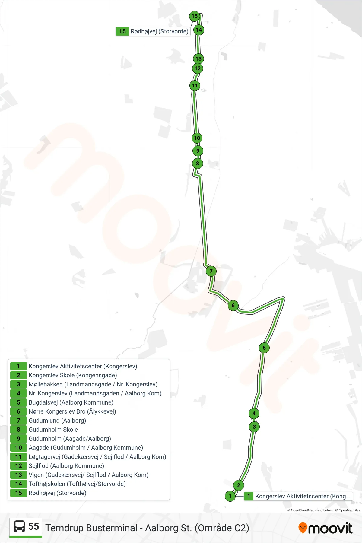 55 bus Linje (Storvorde) rute og stop på et kort