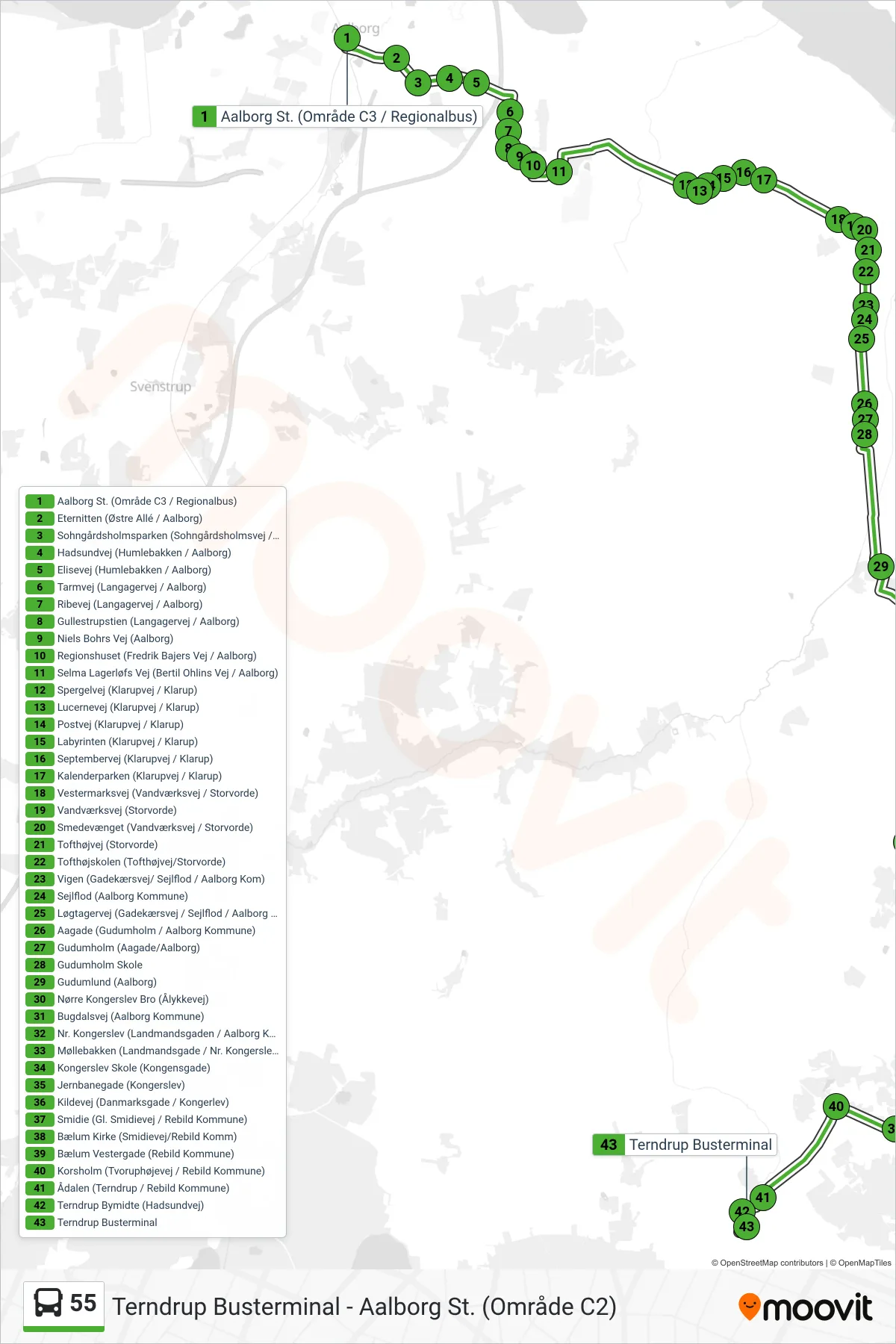 55 bus Linje (Terndrup) rute og stop på et kort