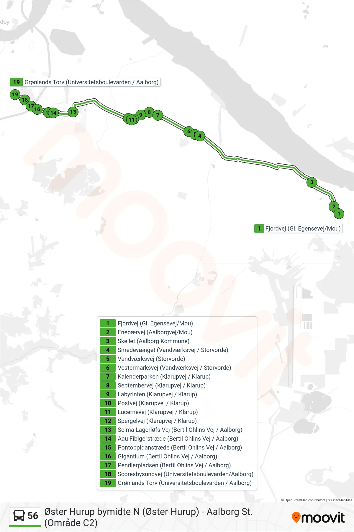 56 bus Linje (Grønlands Torv) rute og stop på et kort