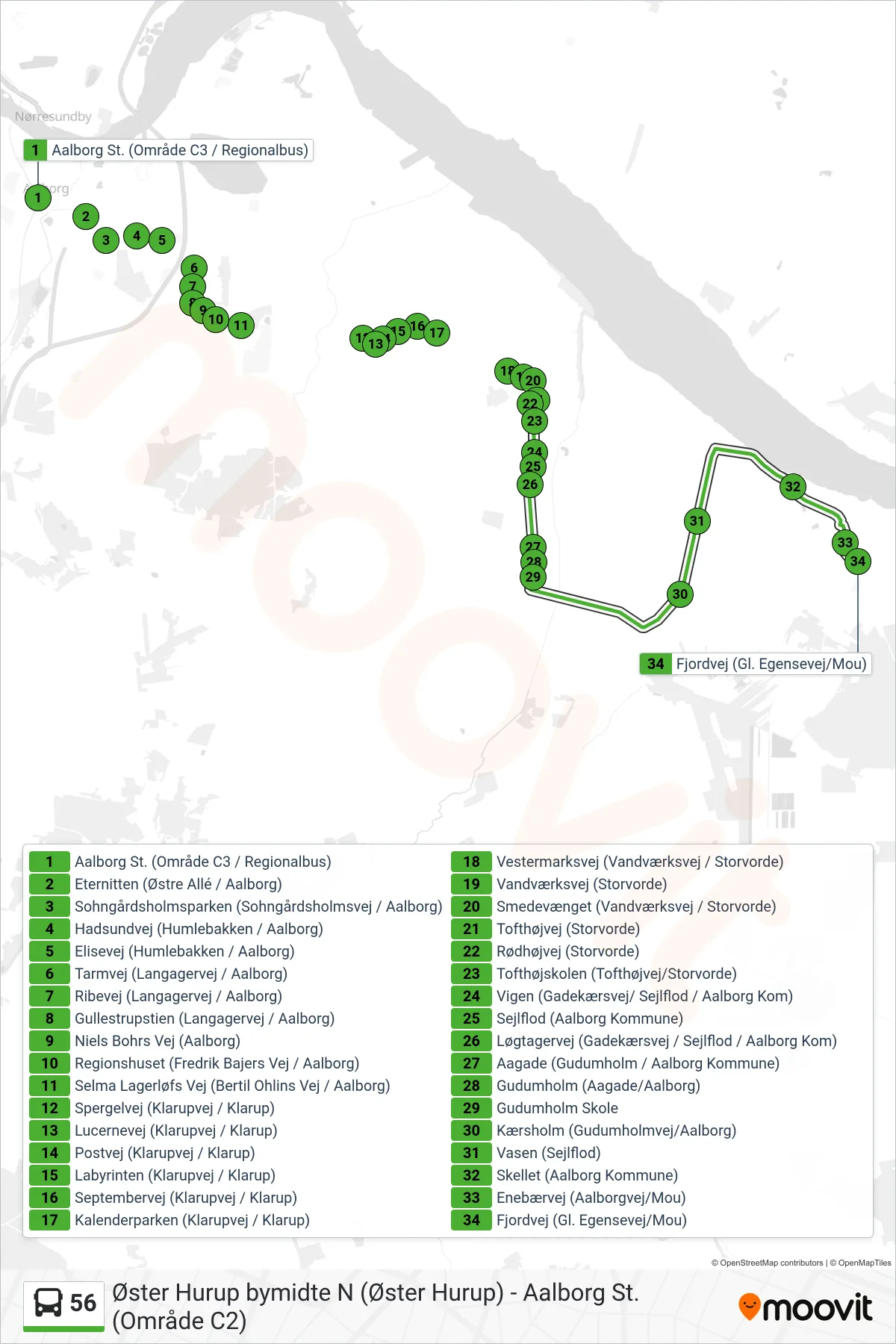 56 bus Linje (Mou) rute og stop på et kort