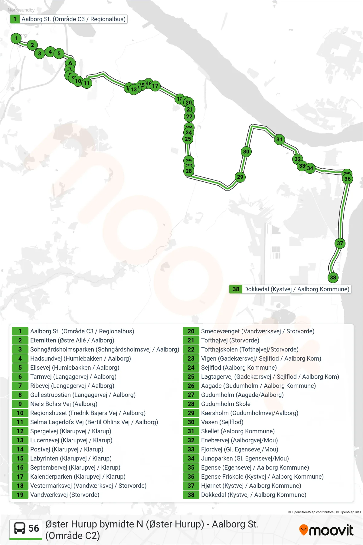 56 bus Linje (Dokkedal) rute og stop på et kort
