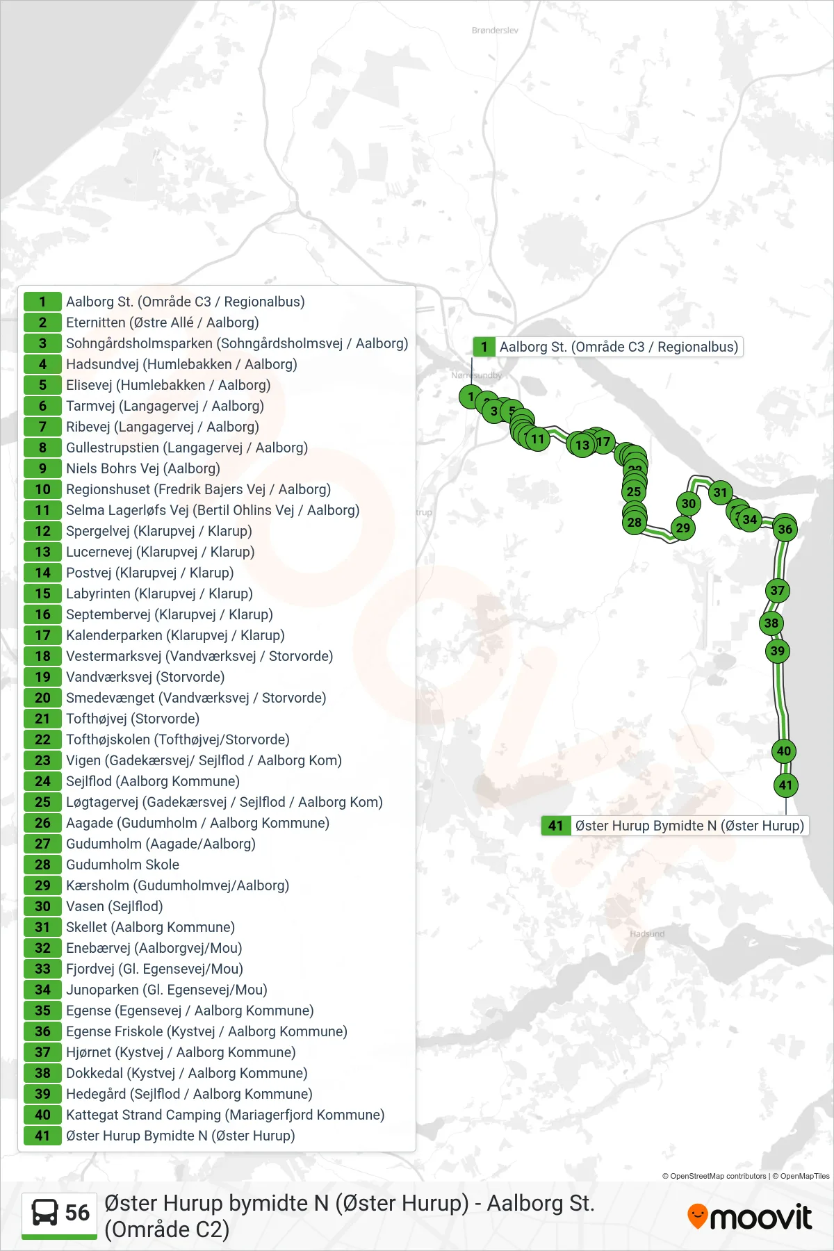 56 bus Linje (Øster Hurup) rute og stop på et kort