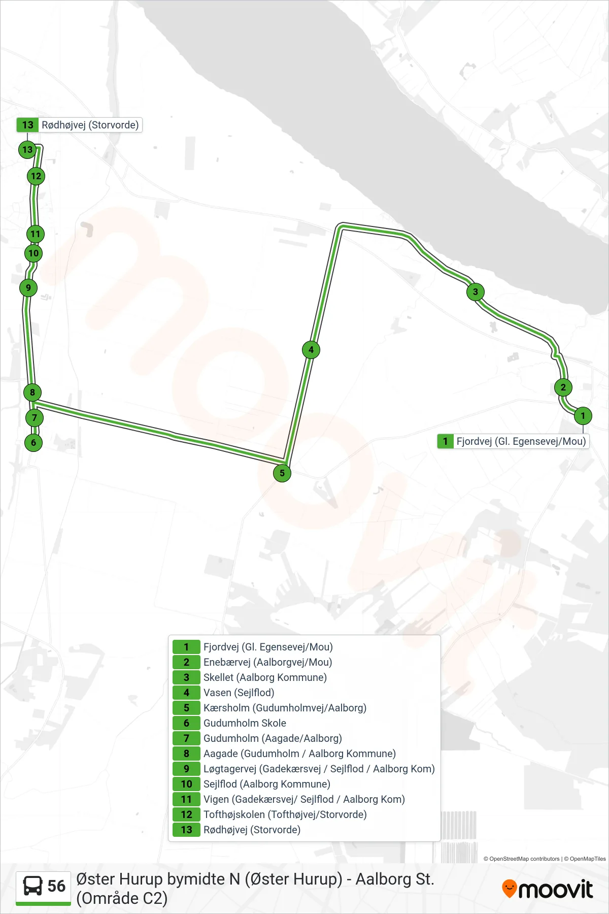 56 bus Linje (Storvorde) rute og stop på et kort