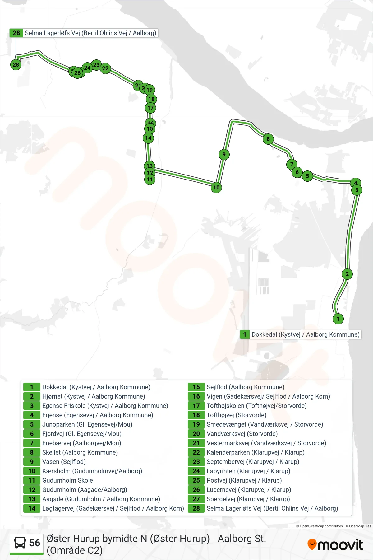 56 bus Linje (Universitetet) rute og stop på et kort