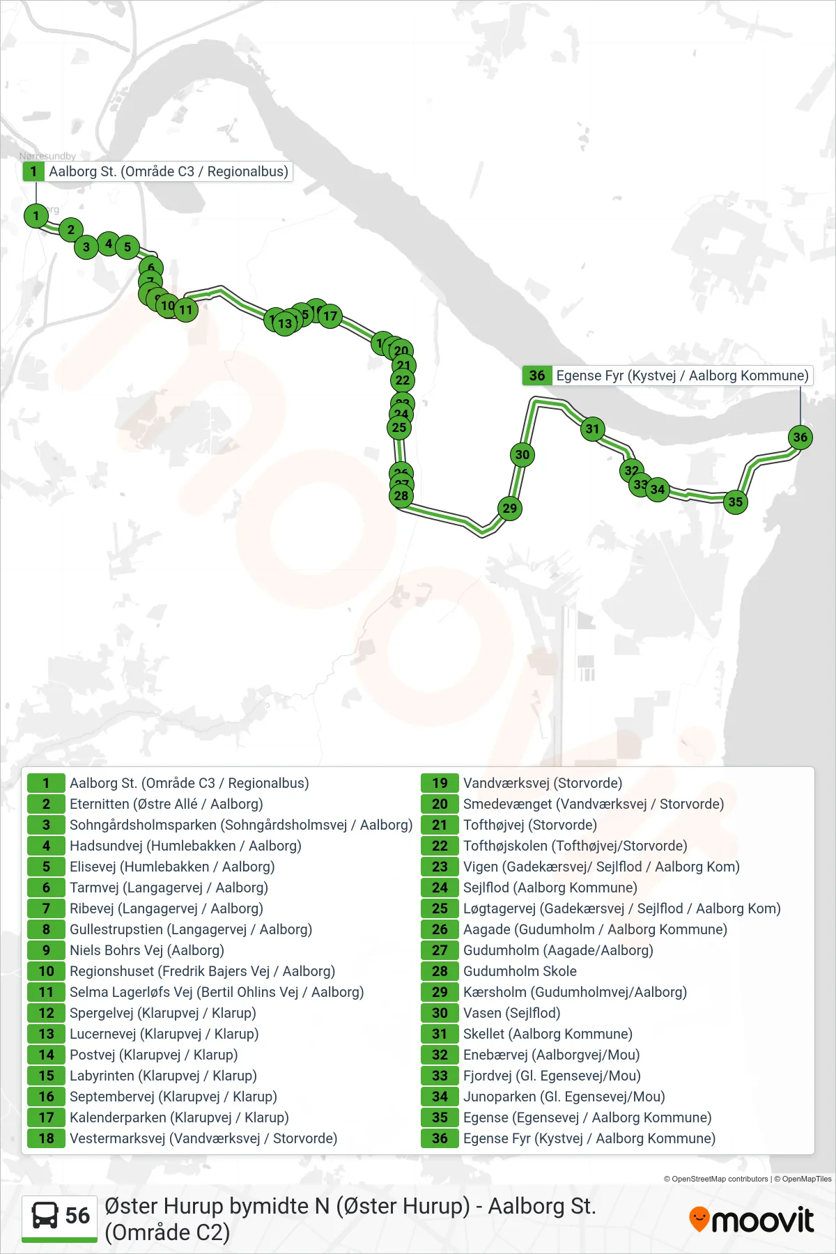 56 bus Linje (Egense) rute og stop på et kort