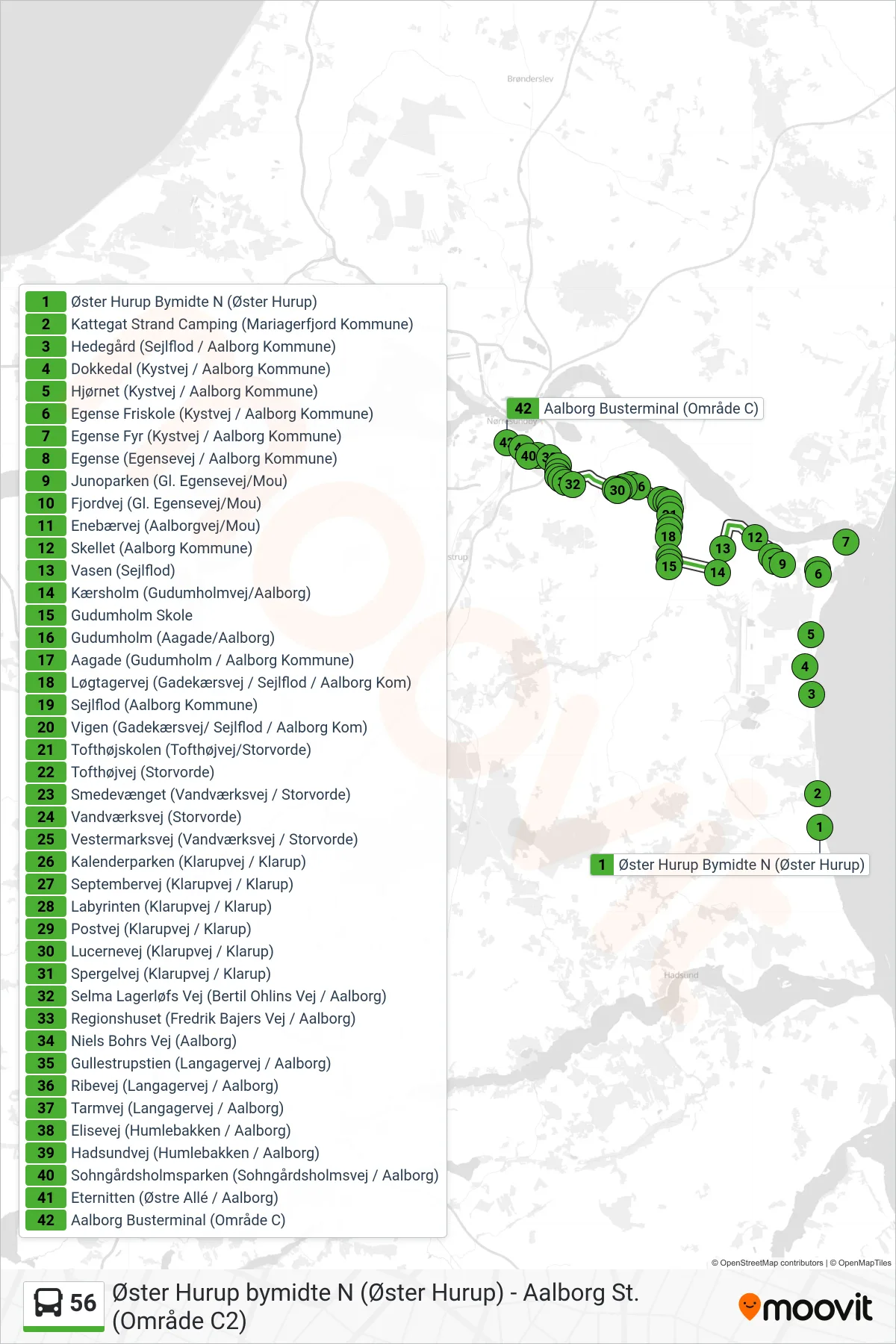 56 bus Linje (Aalborg St.) rute og stop på et kort