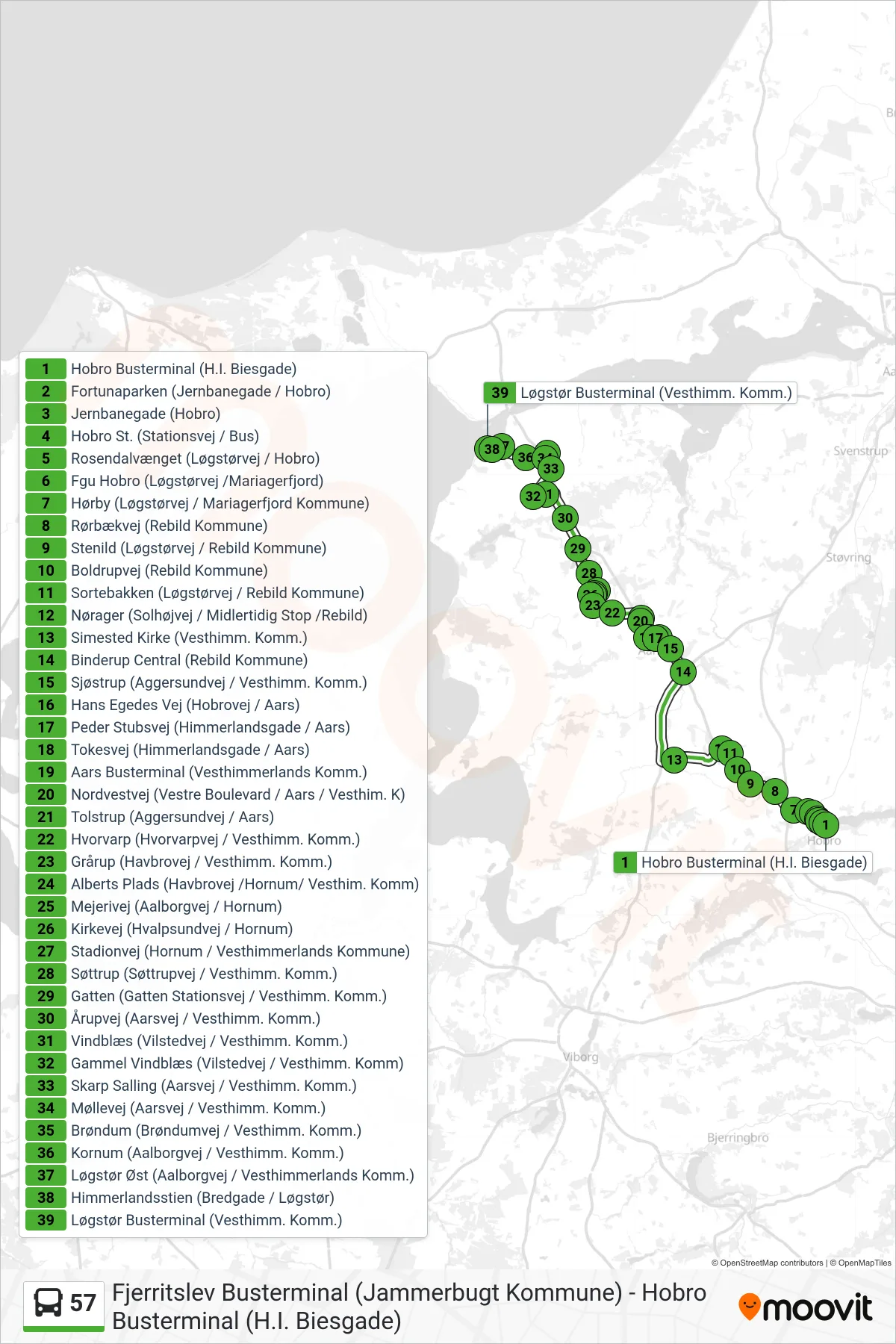 57 bus Linje (Løgstør) rute og stop på et kort