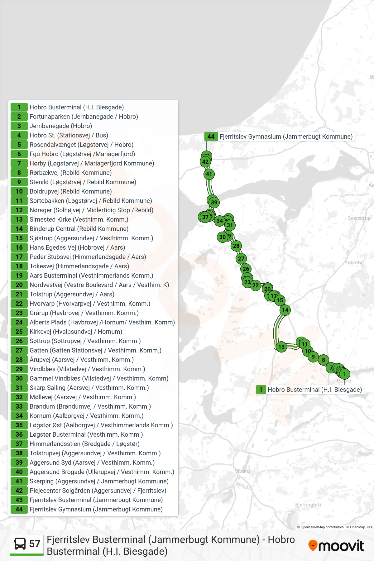 57 bus Linje (Fjerritslev) rute og stop på et kort