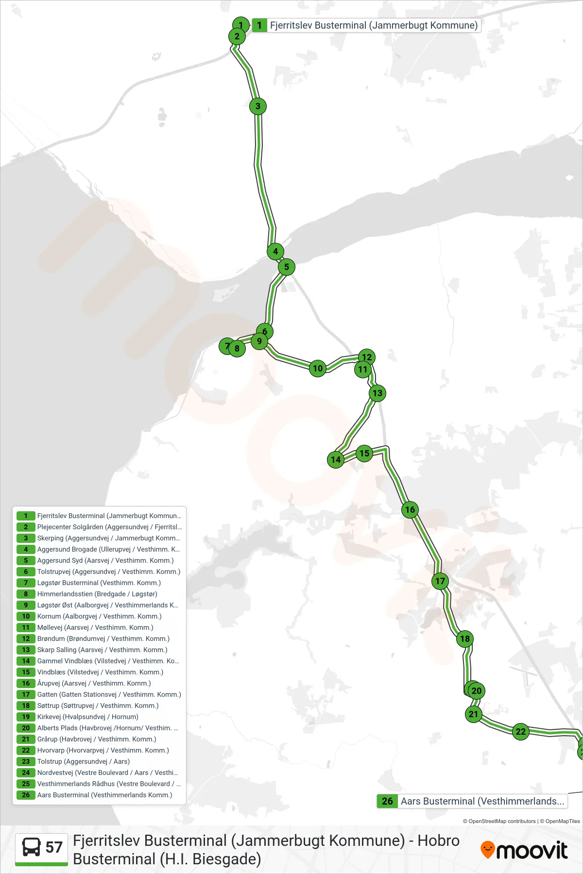 57 bus Line (Aars) route and stops on a map