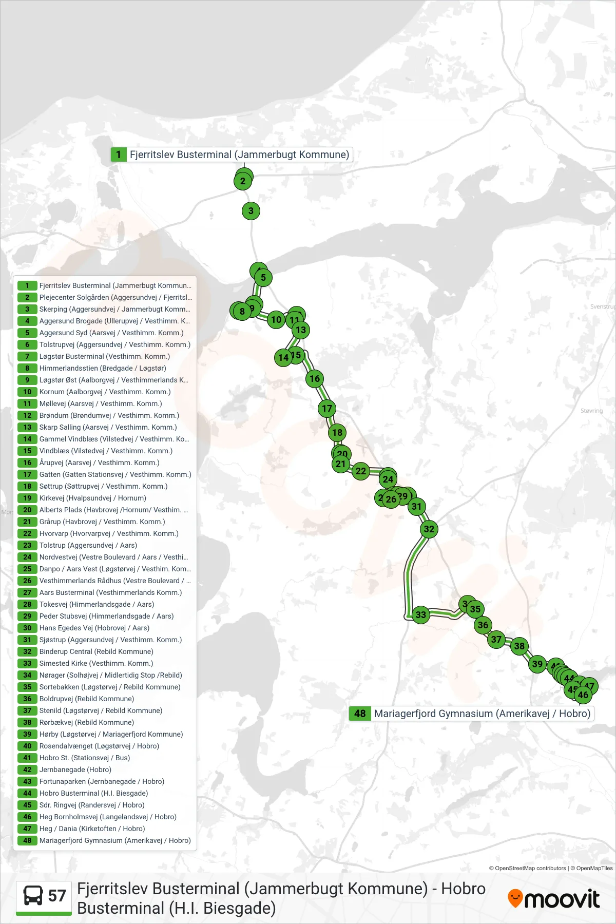 57 bus Linje (Hobro) rute og stop på et kort