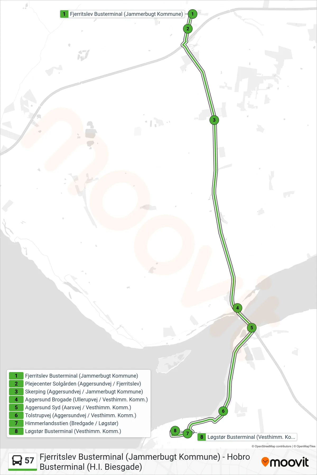 57 bus Linje (Løgstør) rute og stop på et kort