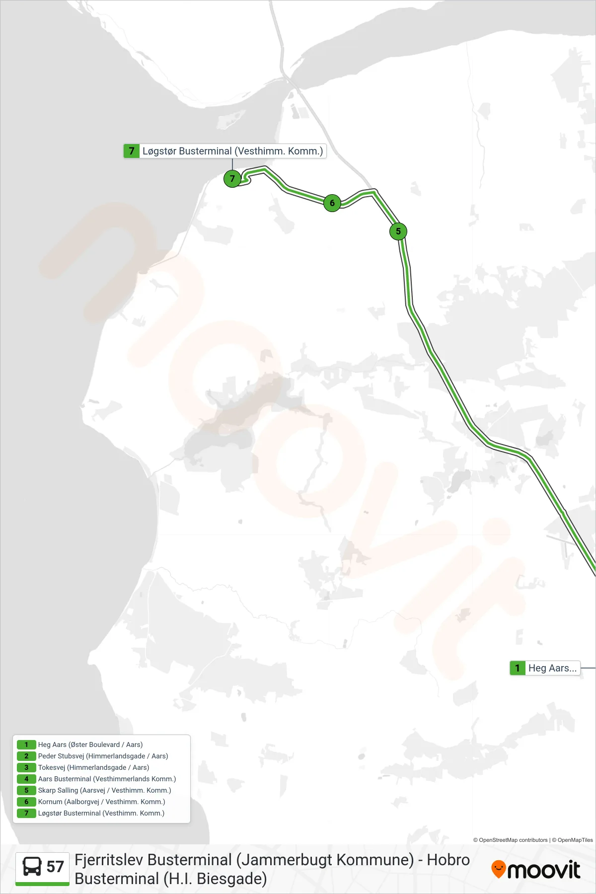 57 bus Linje (Løgstør Ekspres) rute og stop på et kort