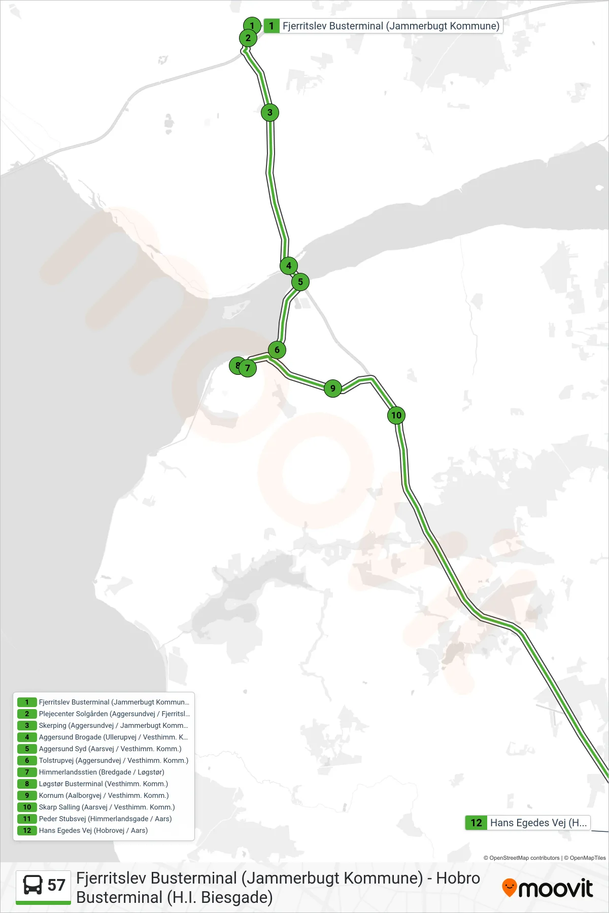 57 bus Linje (Aars Uddannelse) rute og stop på et kort