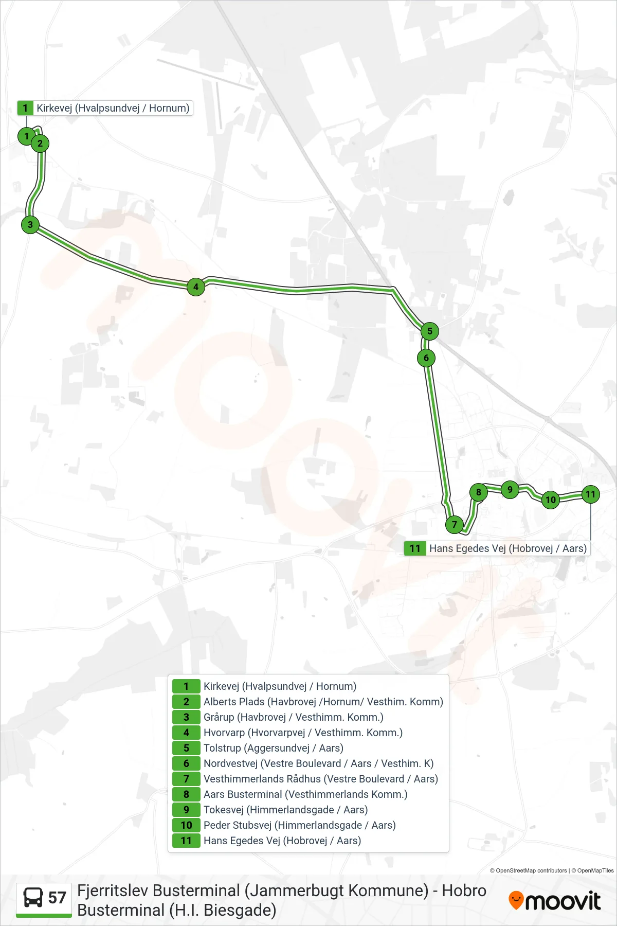 57 bus Linje (Aars Ekstra) rute og stop på et kort