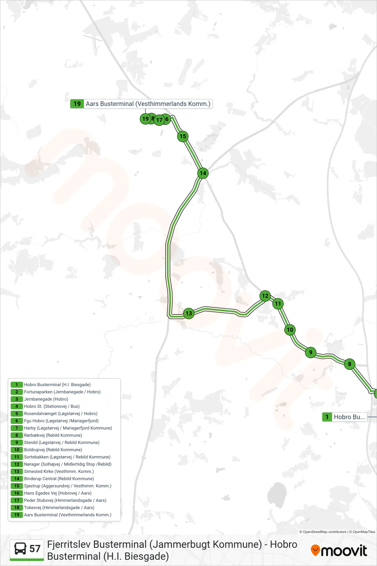 57 bus Line (Løgstør Busterm. (Skift I Aars)) route and stops on a map